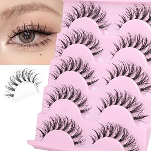 Natural Lashes Wispy Eyelashes Asian Lashes Natural Look Manga Fake Eyelashes with Clear Band Korean Anime Eye Lashes Clusters 3D Individual False Eyelashes Pack 5 Pairs