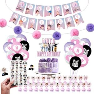 BTS Birthday Party Kit Supplies For Bangtan Boys includes Banner – 1 Cake Topper – 24 Cupcake Toppers – 16 Balloons – 40 Stickers