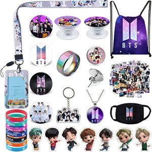 eTel Like Kpop BTS Gifts Set, Including Drawstring Bag Backpack, Necklace, Earrings, Rings, Bracelets, Face M-asks, Button Pins, Lanyard ID Holder, Keychain, Phone Ring Holder, Stickers