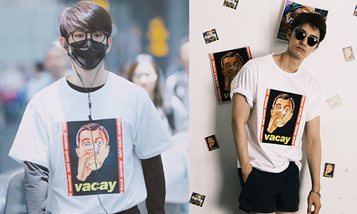 Jinyoung wears a Vacay T-shirt.