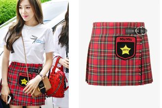 Tiffany (Tiffany) wearing a Miu Miu mini plaid skirt