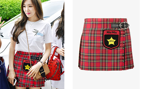 Tiffany (Tiffany) wearing a Miu Miu mini plaid skirt