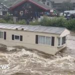 Storm Hans: Floodwaters in Norway send mobile home crashing into bridge