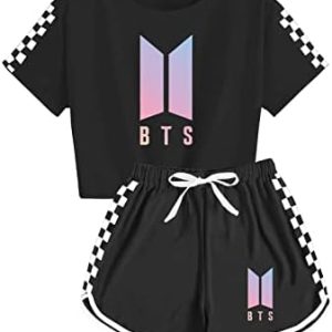 Rpbznr Girls T-Shirt And Shorts Set 2 Pieces Women Summer Check Print Suit K-Pop