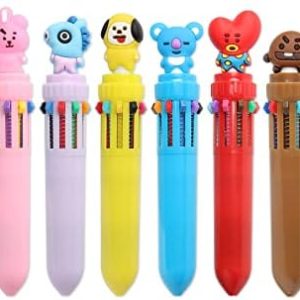 Comidox 8Pcs BTS Bangtan Boys 10 in 1 Color Retractable Ballpoint Pen Creative Cartoon Shape Multicolor Pens Medium Point (0.7mm) For School Office Student Supply