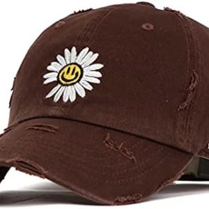 Flipper Smile Face in Daisy Flower Vintage Washed Cotton Unstructured Distressed Dad Hat Baseball Cap