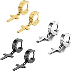 Flongo Men’s Womens Vintage Stainless Steel Cross Dangle Hoop Earrings, Hinged Huggie Cross Ring Gauges Drop Earrings for Boys Girls