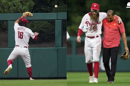 What happened to Brandon Marsh? Phillies outfielder leaves game early with injury after slamming into centerfield wall