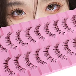 outopen 10 Pairs Manga Lashes Natural Look Clear Band False Eyelashes Wispy Faux Mink Lashes Anime Eyelashes Asian Korean Cosplay Lashes(Y23 Wet Look|6-12MM)