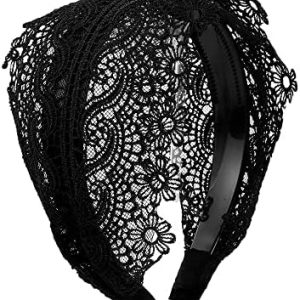 Wide Side Hairband Sweet Vintage Korean Style Hair Wear Cloth Flower Make up Face Wash Lace Headband(Black)