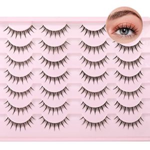 Newcally Manga Lashes Individual Natural Wispy False Eyelashes Spiky Lashes Clear Band Asian Japanese Korean Fake Eyelashes Anime Cosplay Eye Lash 14 Pairs