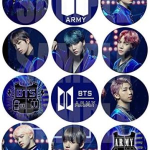 Blue K pop Boy Band Stickers Large 2.5” Round Circle Stickers to Place onto Party Favor Bags, Cards, Boxes or Containers -12 pcs South Korean Boy Group Jin Suga J-Hope RM Jimin V Jungkook