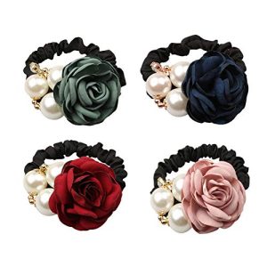 LOVEF 4Pcs Korean Fashion Pearl Hair Rope Rose Flower Rhinestone Hair Ties/ Jewelry Rubber Band