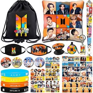 KINON BTS Gift Sets, Including Drawstring Bag Backpack, Pillow Cover, Face Masks, BTS Glossy Stickers, Button Pins, Bracelets, Lanyard, Phone Ring Holder, Keychain, Necklace, Lomo Cards