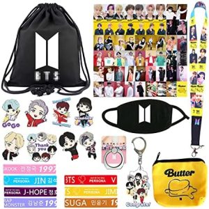 SportsLiking BTS Merchandise BTS Merch Kpop Merchandise Gifts Includes BTS Backpack Face Mask Lanyard BTS Postcards BTS Keychain Bracelet Coin Bag Button Pins Phone Ring