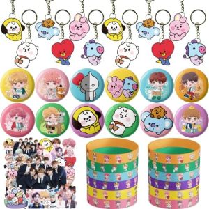 lalamia BTS Birthday Decorations, 86 Pcs BTS Party Favors Include 12 Bracelets,12 Button Pins,12 Keychain, and 50 Stickers, BTS Birthday Party Supplies for ARMY