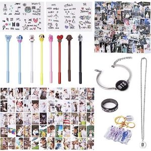 Fatyi BTS Gift Set for Army Pens, Lomo Cards,3D Stickers, Stickers, Wristband, Phone Stand, Keychain, Ring,Lanyard, Banner and Storage Bag