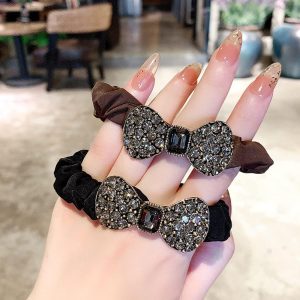 KIMUWHI 2pcs Fashion Bow All-match Rhinestone Hair Ring Elastic Hair Bands Hair Tie for Women Girl Hair Accessorie Headwear