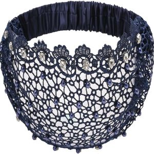 Retro Wide Mesh Wash Face Pearl Headdress Headwear Korean Style Hair Band Mother Hair Hoop Wide Rhinestone Headband(Navy Blue)