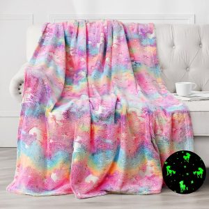 Jekeno Glow in The Dark Blanket Unicorn Gifts Toys for Kids Girls Age 1 2 3 4 5 6 7 8 9 10 Year Old Birthday Christmas Halloween Thanksgiving Pink Rainbow Soft Cozy Fluffy Luminous Throw 50"x60"