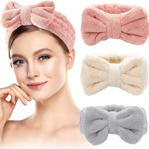 MIMITOOU Spa Headband – 3 Pack Bow Hair Bands Women Facial Makeup Headbands Soft Coral Fleece Elastic Head Wraps for Bathing Shower Skincare Washing Face