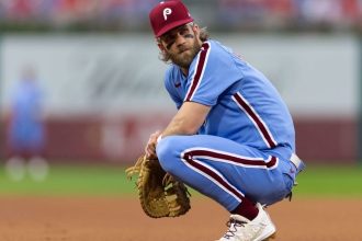 Phillies standout Bryce Harper (back) out of lineup vs. Twins