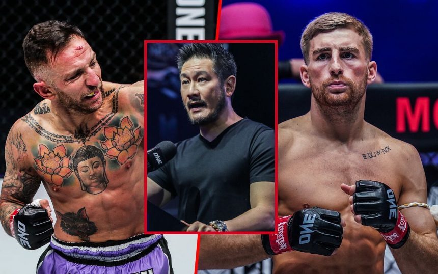 Chatri Sityodtong making sure Liam Harrison and Jonathan Haggerty are kept apart at ONE Friday Fights 34