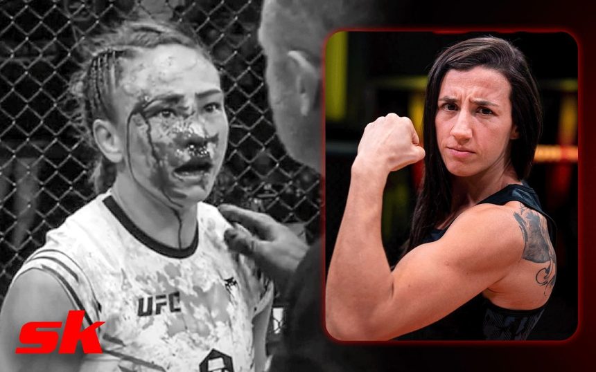 A bruised and bloodied-up Michelle Waterson gets bulldozed by Marina Rodriguez after doctor lets fight continue