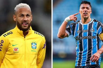 Neymar Jr reacts as former Barcelona teammate Luis Suarez scores sensational hat-trick for Gremio